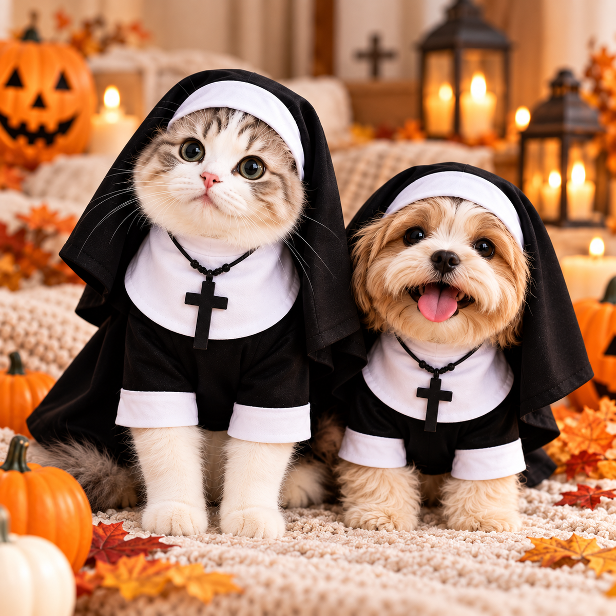 Halloween Cats Nun Costume Jesus Cross Print Kitty Clothes for Small Dogs Funny Cute Dress up Party Pet Overalls Cat Accessories
