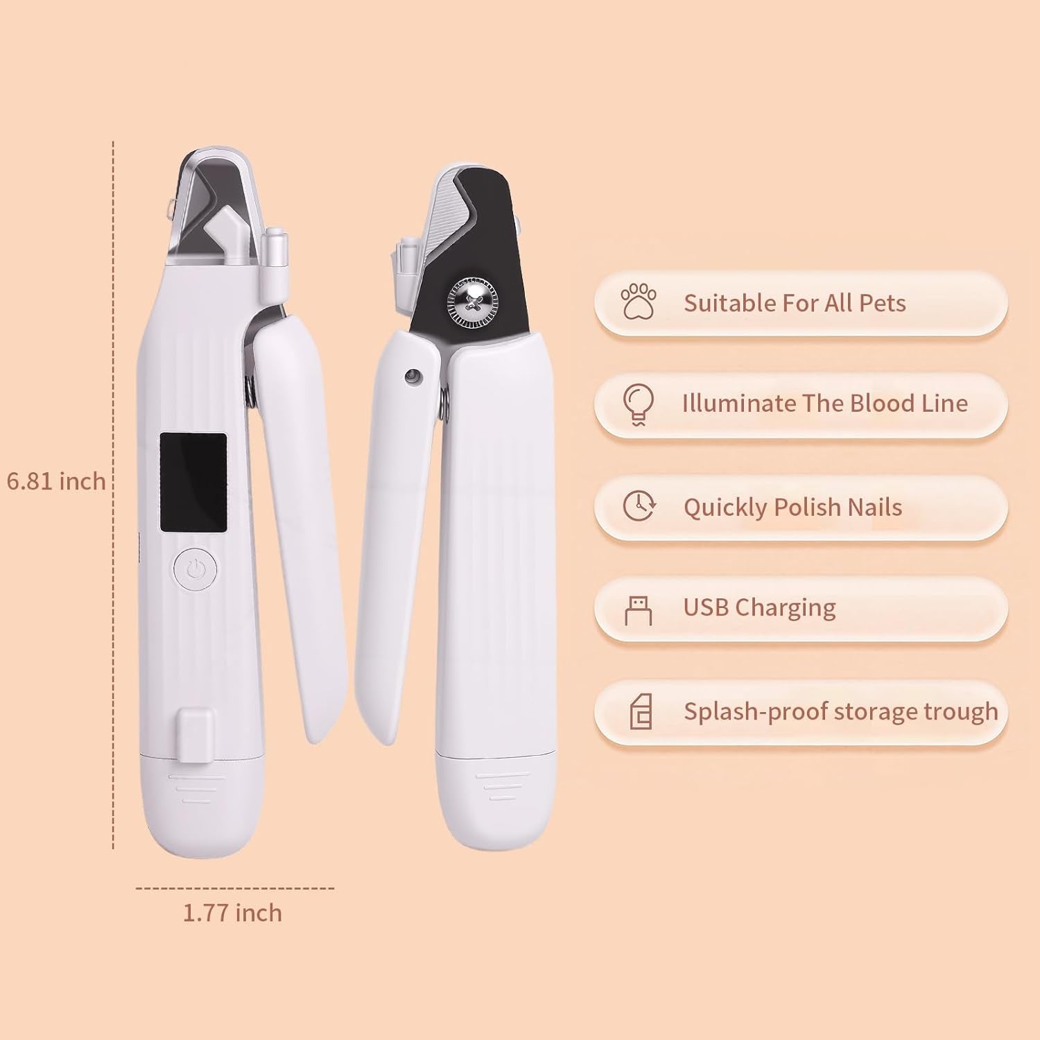 2-In-1 Dog Nail Trimmers & Dog Nail Grinder with 2 LED Lights, Low-Noise Operation, USB Rechargeable, Splash Protection Device, Multiple Grinding Methods, Perfect for Large, Medium, and Small Pets