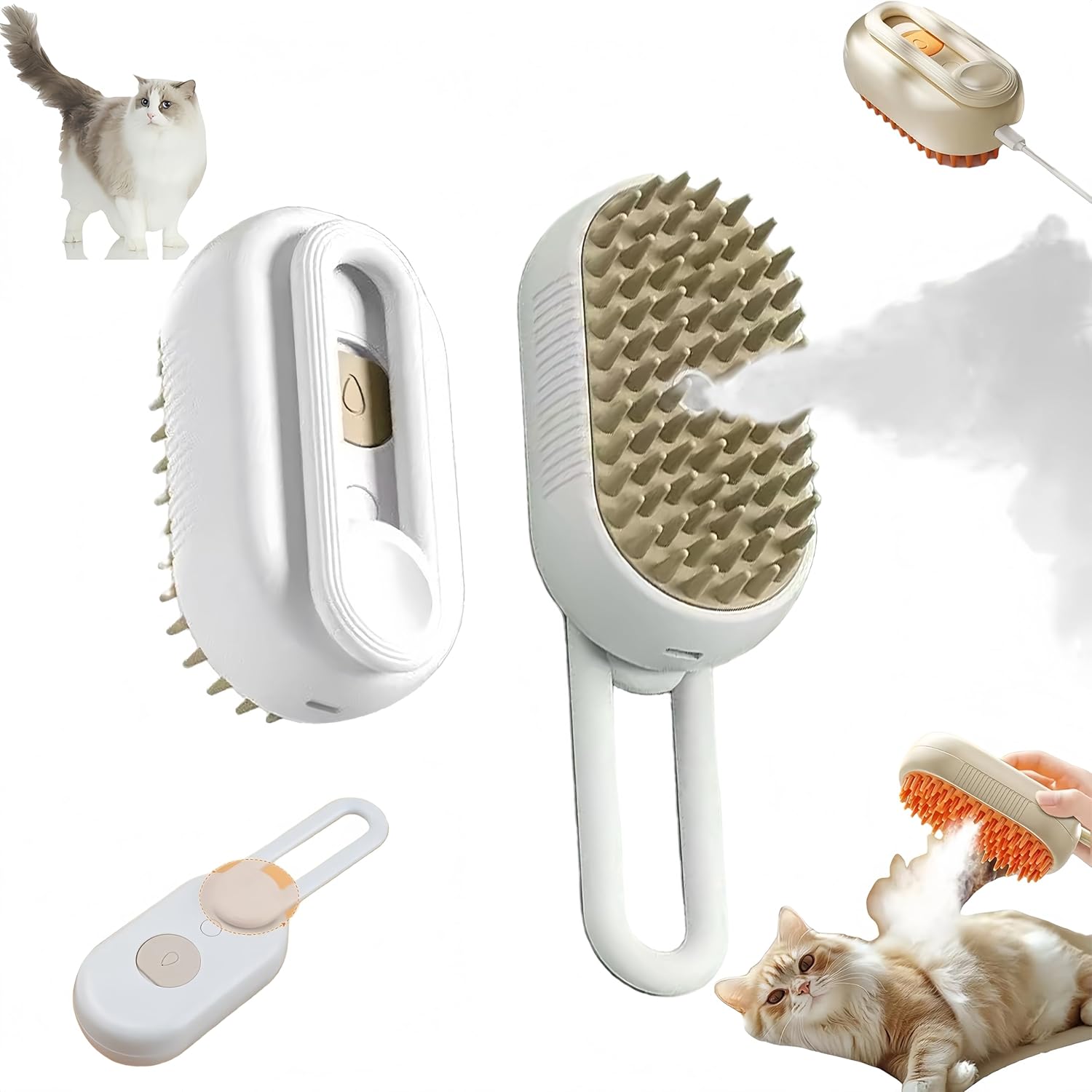 Cat Steam Brush for Shedding, 4 in 1 Rechargeable Steam Pet Brush for Cats and Dogs, Anti-Static, Massage, Cleaning, Shedding& Combing All in One! (Khaki)