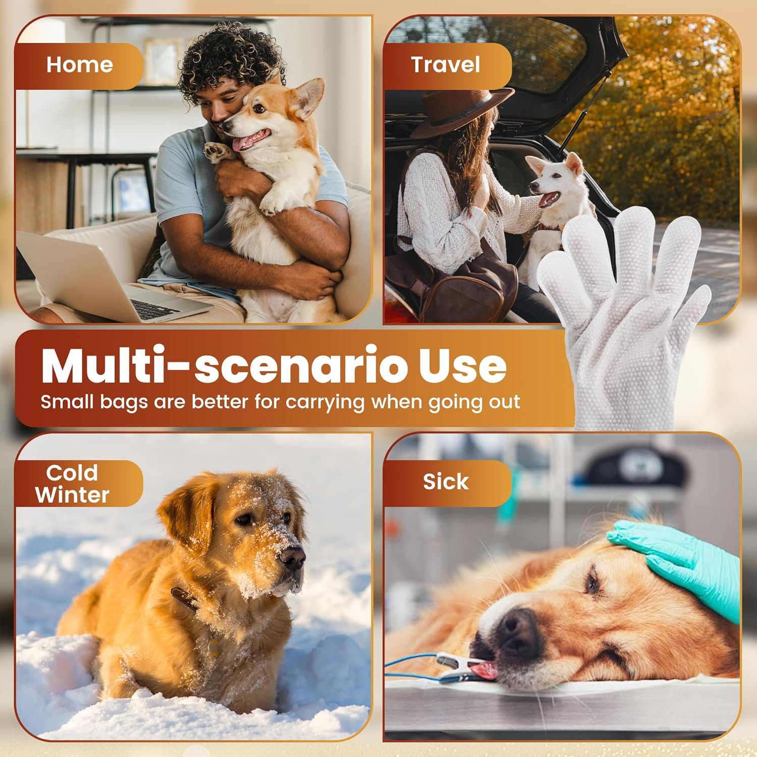 Pet Glove Wipes for Dogs Cats, Dog Cleaning Gloves, Dog Wipes Cleaning Deodorizing, Pet Wipes for Dogs Cats, Extra Thick, Unscented Rinse Free Nourish Fur Glove Wipes for Daily Care and Traveling-6Pcs