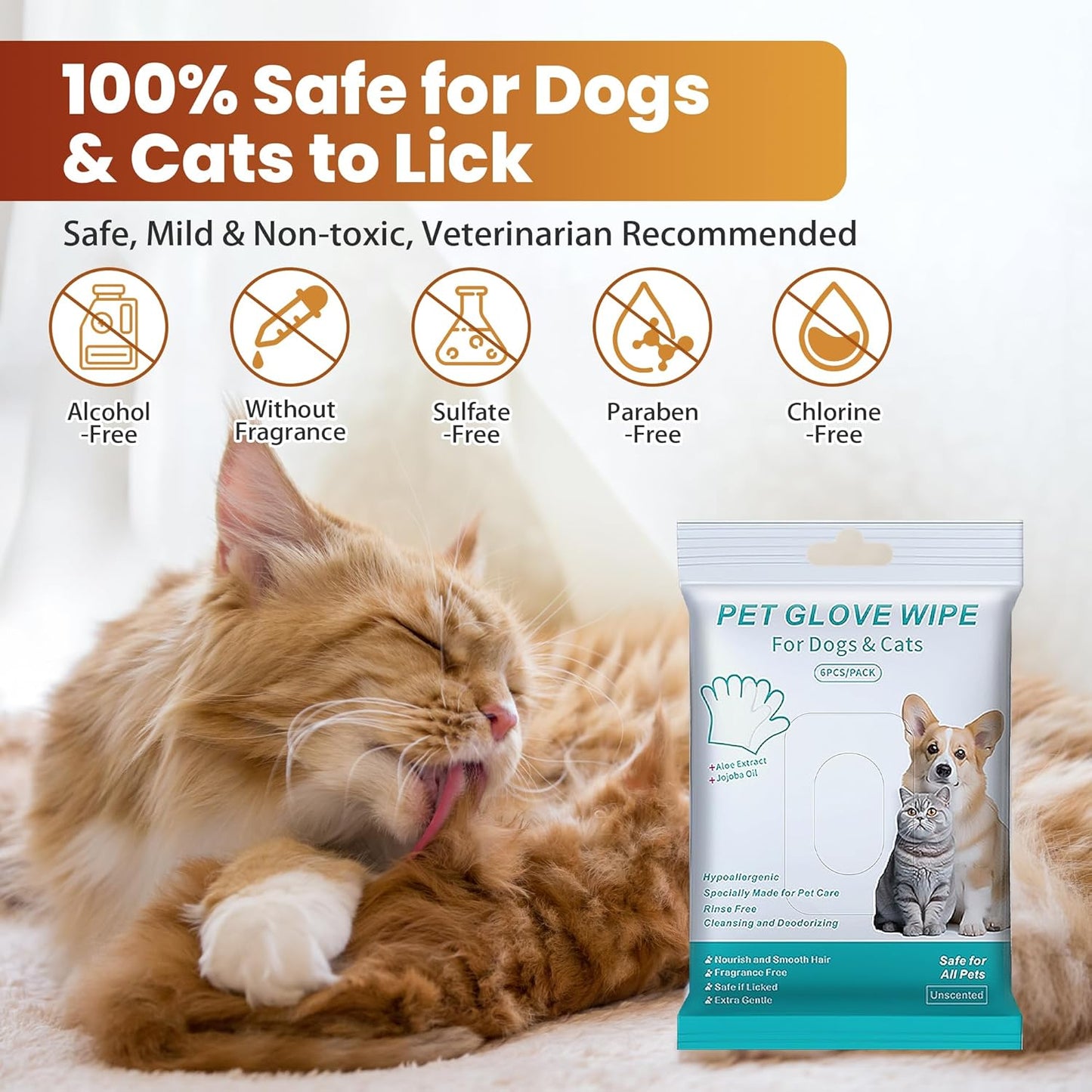 Pet Glove Wipes for Dogs Cats, Dog Cleaning Gloves, Dog Wipes Cleaning Deodorizing, Pet Wipes for Dogs Cats, Extra Thick, Unscented Rinse Free Nourish Fur Glove Wipes for Daily Care and Traveling-6Pcs
