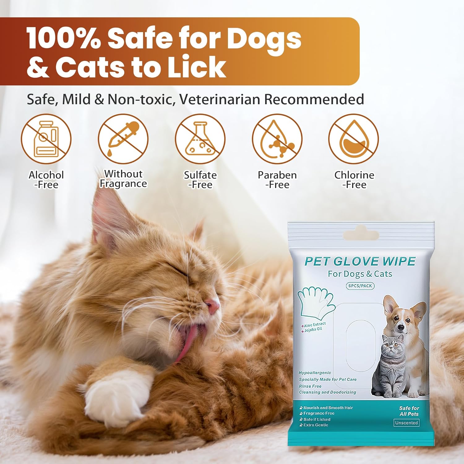 Pet Glove Wipes for Dogs Cats, Dog Cleaning Gloves, Dog Wipes Cleaning Deodorizing, Pet Wipes for Dogs Cats, Extra Thick, Unscented Rinse Free Nourish Fur Glove Wipes for Daily Care and Traveling-6Pcs